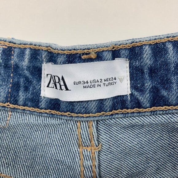 Zara Medium Wash Blue Denim Distressed Wide Leg Ankle Jeans 2 - Picture 3 of 5